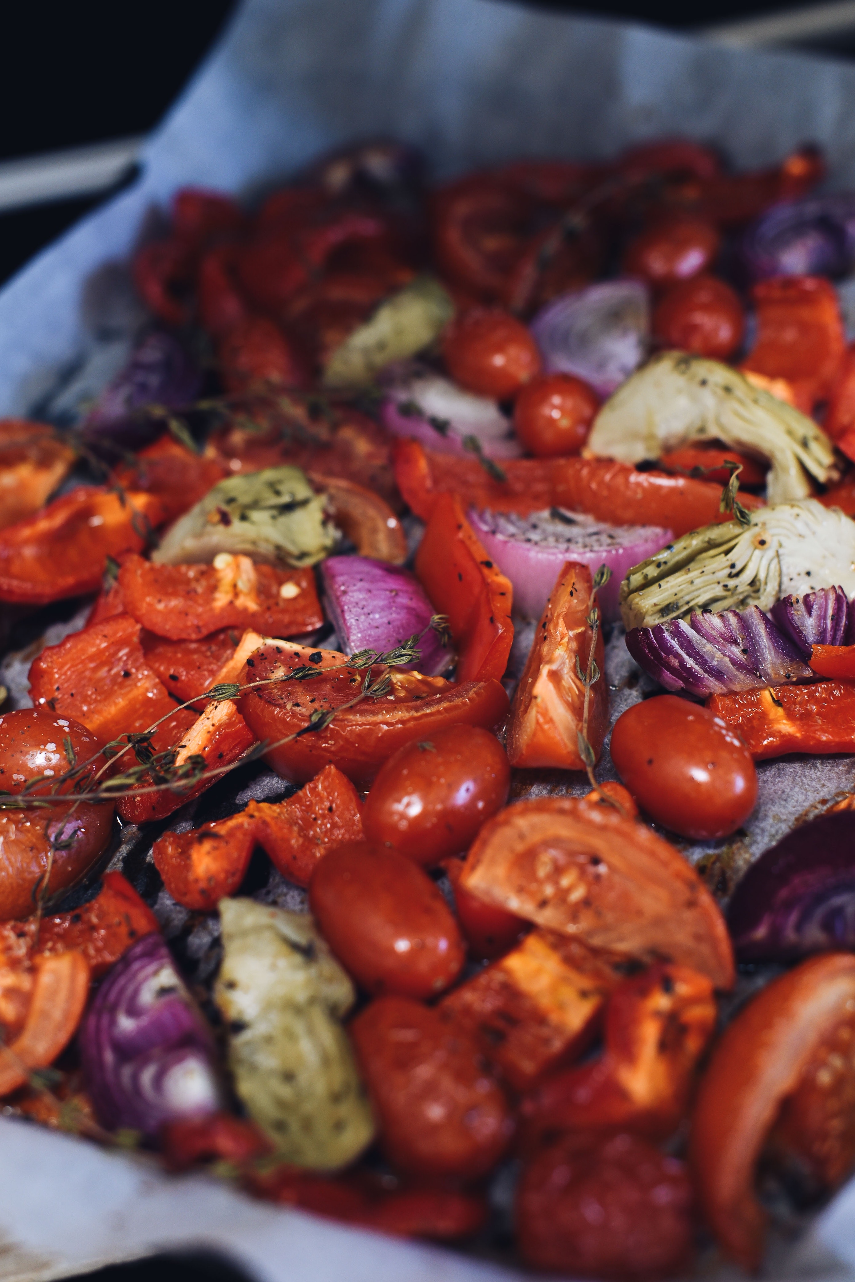 A tray of roasted vegetables.